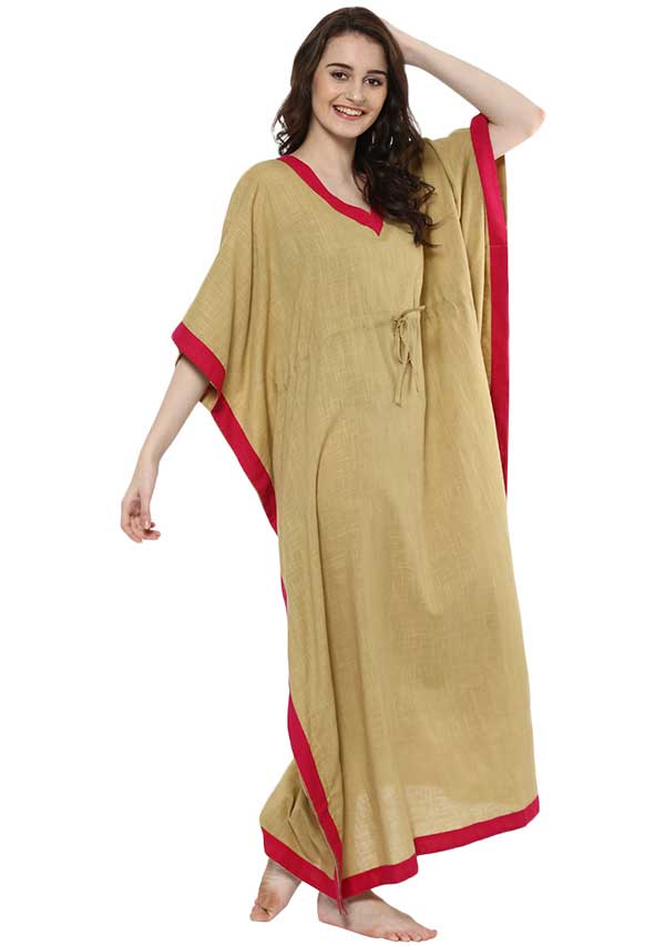 Beige Fuchsia Tie-Up Waist Cotton Kaftan - unidra.myshopify.com