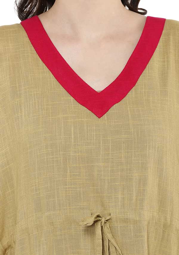 Beige Fuchsia Tie-Up Waist Cotton Kaftan - unidra.myshopify.com