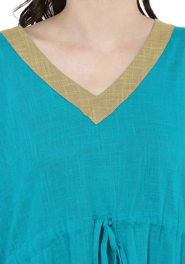 Blue Beige Tie-Up Waist Cotton Kaftan - unidra.myshopify.com