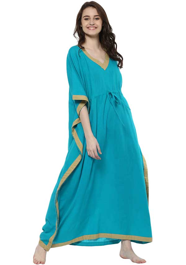 Blue Beige Tie-Up Waist Cotton Kaftan - unidra.myshopify.com