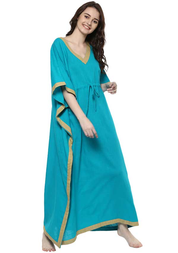 Blue Beige Tie-Up Waist Cotton Kaftan - unidra.myshopify.com