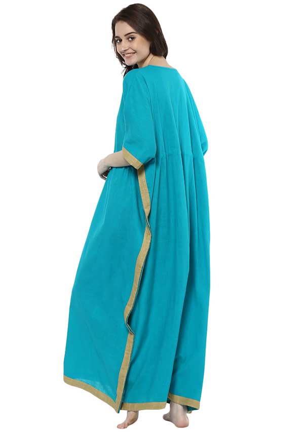 Blue Beige Tie-Up Waist Cotton Kaftan - unidra.myshopify.com