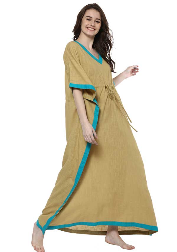 Beige Blue Tie-Up Waist Cotton Kaftan - unidra.myshopify.com
