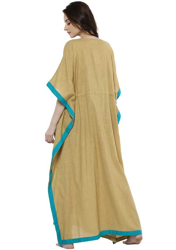 Beige Blue Tie-Up Waist Cotton Kaftan - unidra.myshopify.com