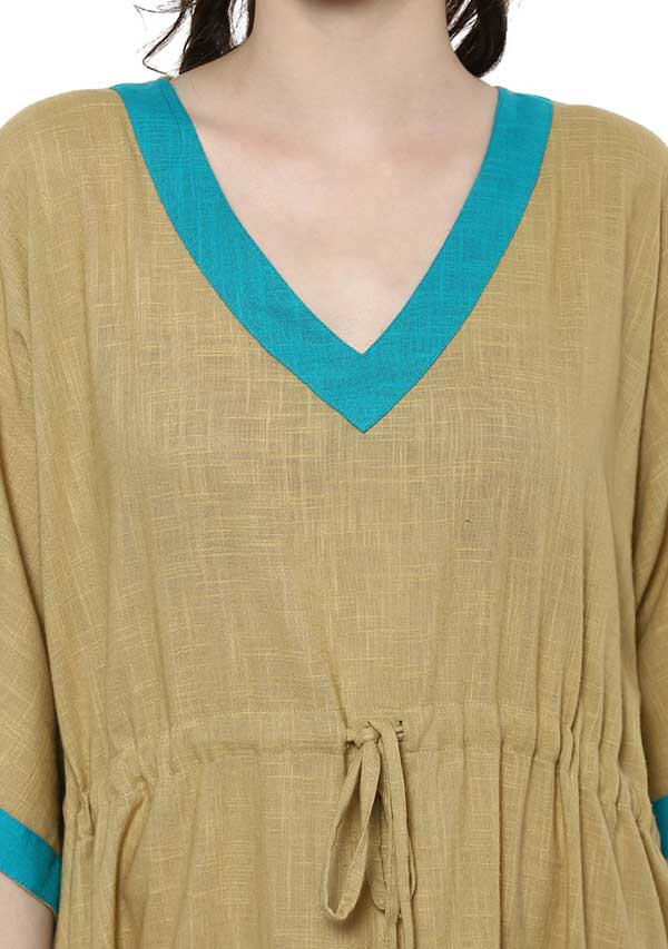Beige Blue Tie-Up Waist Cotton Kaftan - unidra.myshopify.com