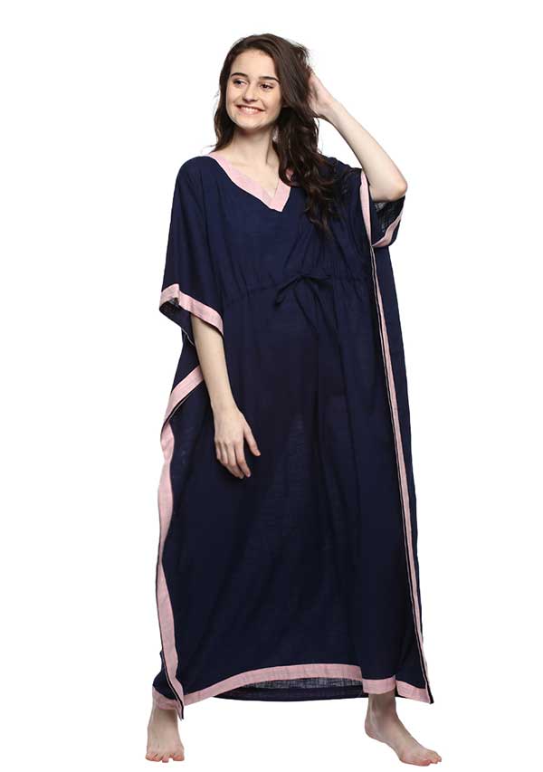 Navy Blue Pink Tie-Up Waist Cotton Kaftan - unidra.myshopify.com