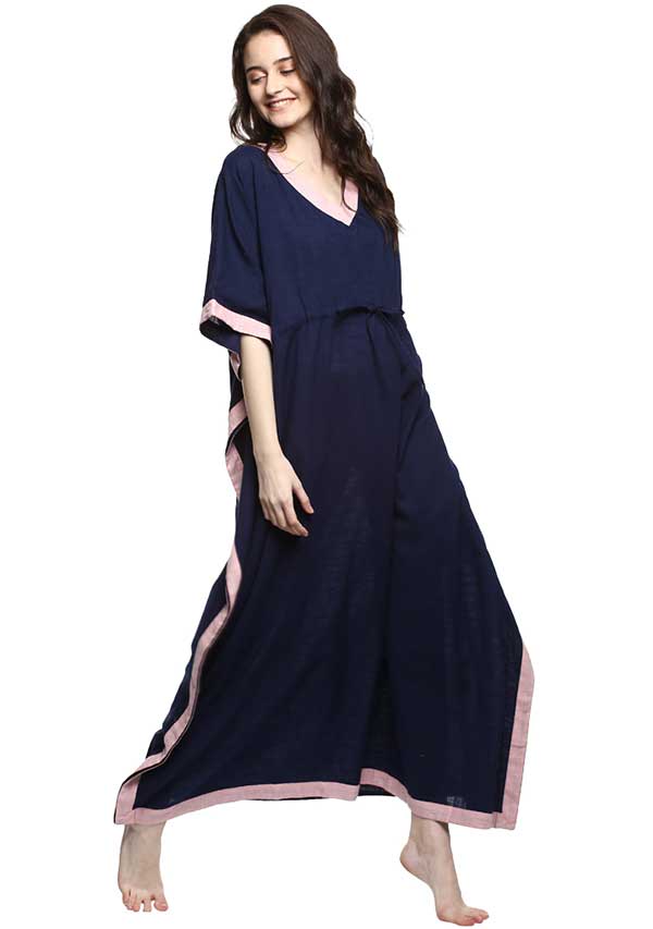 Navy Blue Pink Tie-Up Waist Cotton Kaftan - unidra.myshopify.com