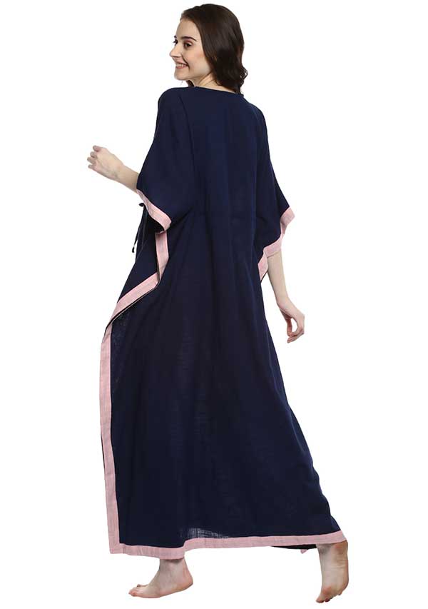 Navy Blue Pink Tie-Up Waist Cotton Kaftan - unidra.myshopify.com