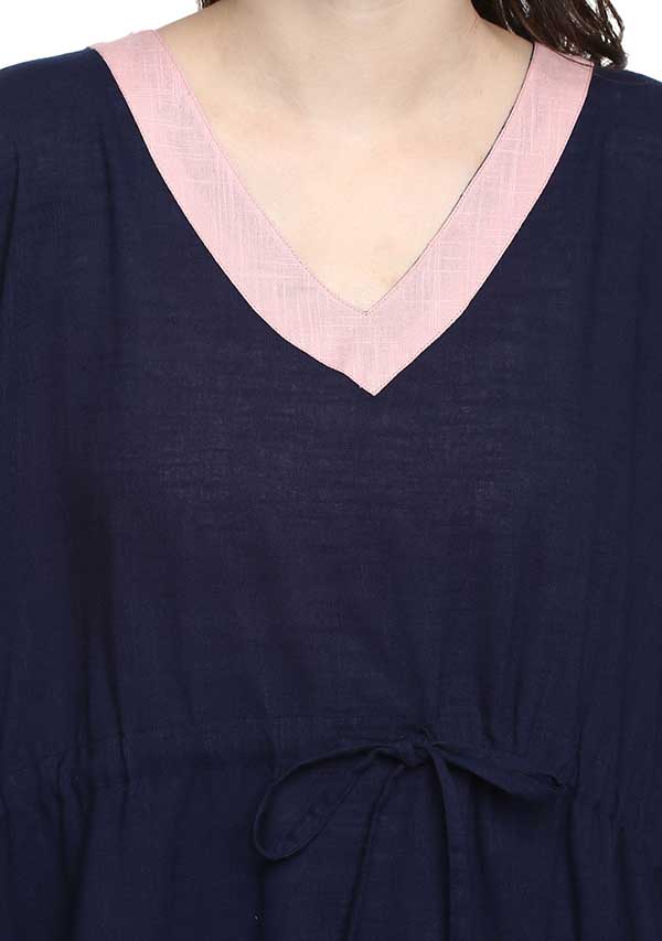 Navy Blue Pink Tie-Up Waist Cotton Kaftan - unidra.myshopify.com
