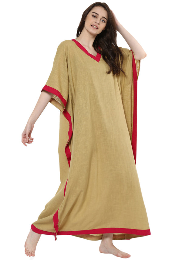 Beige Fuchsia V-Neck Cotton Kaftan