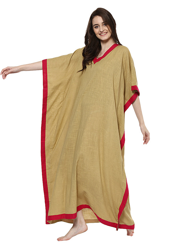 Beige Fuchsia V-Neck Cotton Kaftan