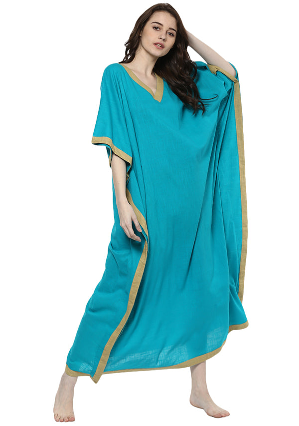 Blue Beige V-Neck Cotton Kaftan