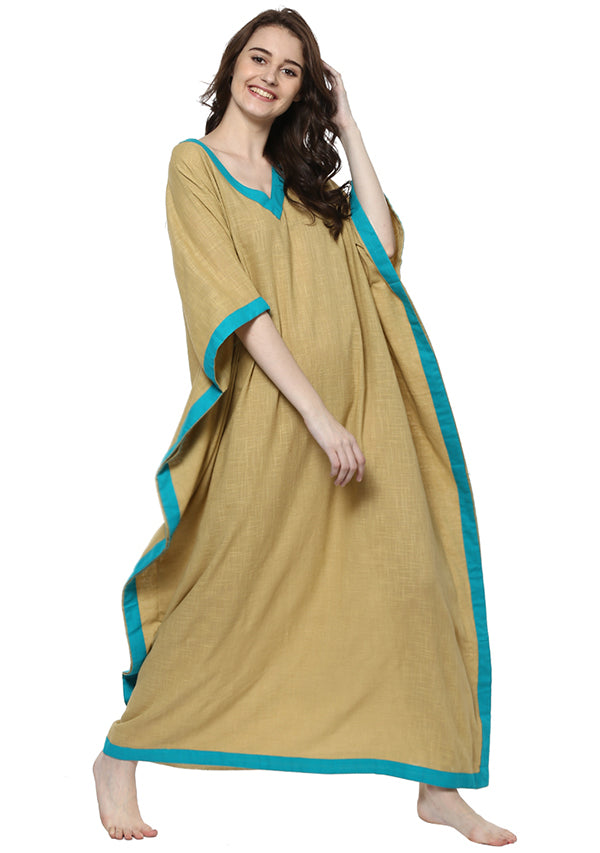Beige Blue V-Neck Cotton Kaftan