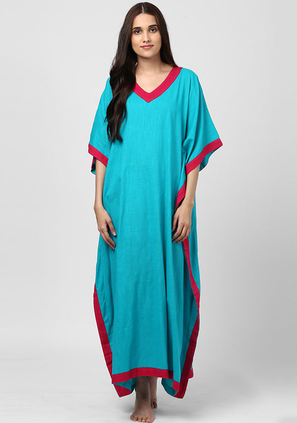Blue Fuchsia V-Neck Cotton Kaftan
