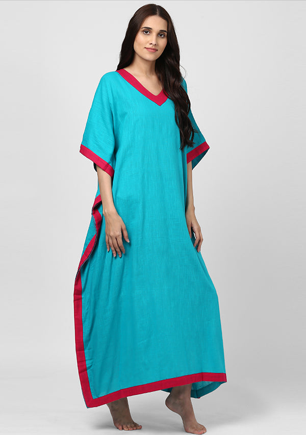 Blue Fuchsia V-Neck Cotton Kaftan