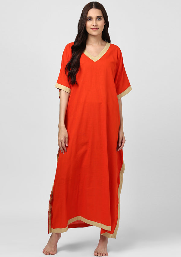 Orange Beige V-Neck Cotton Kaftan