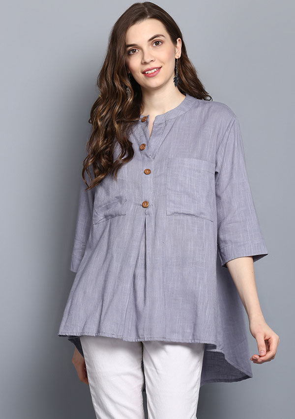 Ash Blue Short Cotton Tunic With Pleats - unidra.myshopify.com