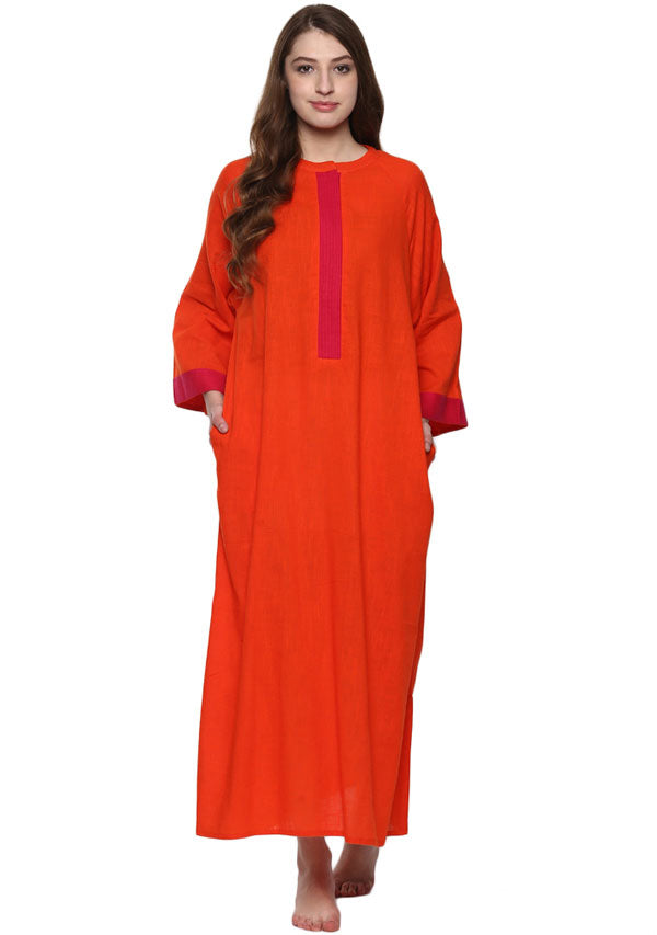 Orange Fuchsia Bell Sleeves Cotton Night DressLong Sleeves and Zip Detail - unidra.myshopify.com