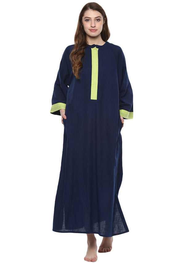 Navy Blue Green Bell Sleeves Cotton Night Dress Long Sleeves and Zip Detail - unidra.myshopify.com