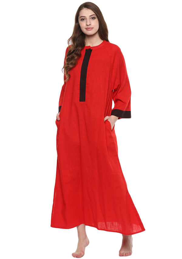 Red Black Bell Sleeves Cotton Night Dress Long Sleeves and Zip Detail - unidra.myshopify.com