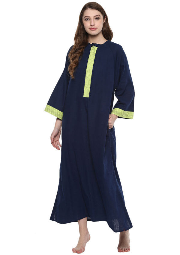 Navy Blue Green Bell Sleeves Cotton Night Dress Long Sleeves and Zip Detail - unidra.myshopify.com
