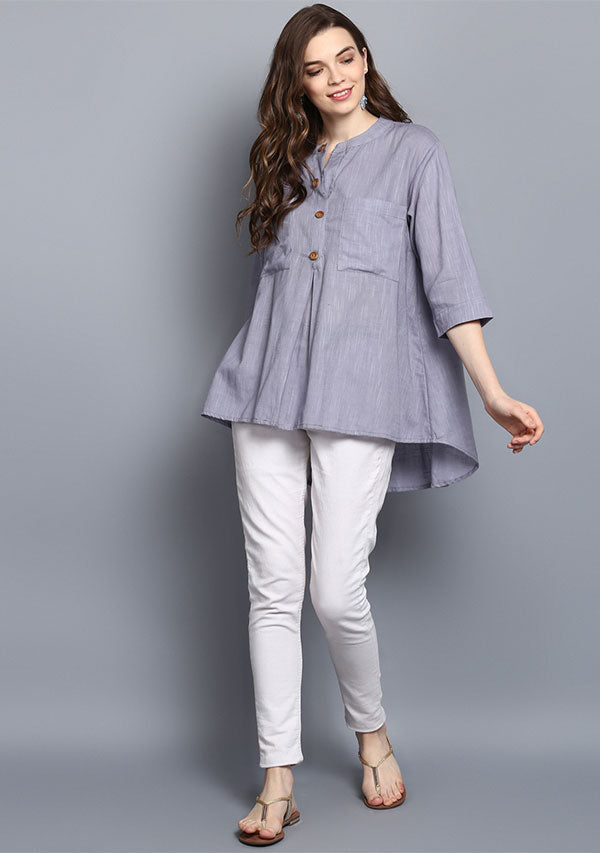 Ash Blue Short Cotton Tunic With Pleats - unidra.myshopify.com