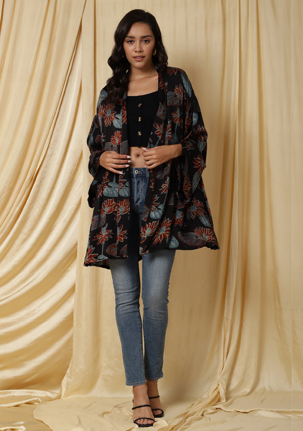 Embrace Black Blue Floral Handblock Printed Modal Short Cape