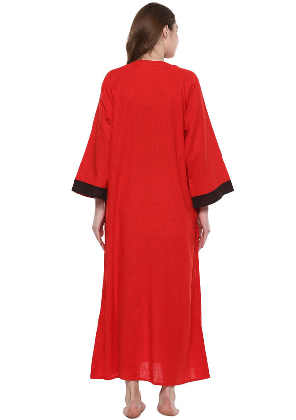 Red Black Bell Sleeves Cotton Night Dress Long Sleeves and Zip Detail - unidra.myshopify.com