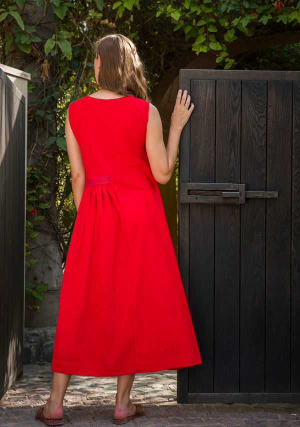 Red Sleeveless Cotton Dress with Gathers - unidra.myshopify.com