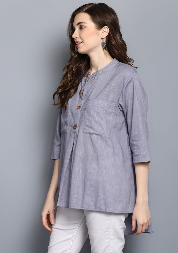 Ash Blue Short Cotton Tunic With Pleats - unidra.myshopify.com