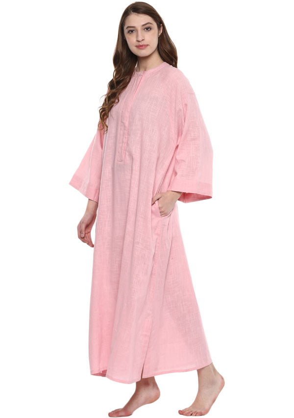 Pink Cotton Night Dress With Long Sleeves and Zip Detail - unidra.myshopify.com